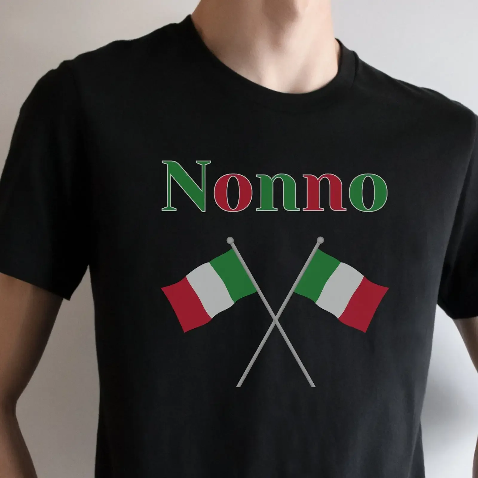 May include Black t shirt with the word Nonno in green and red letters two crossed Italian flags vintage Washed