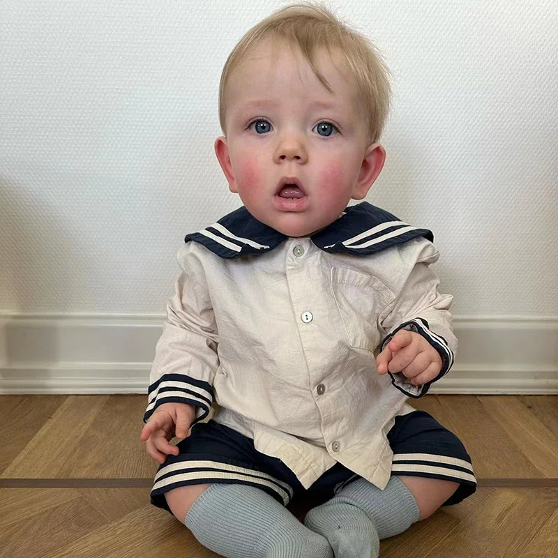 2023 KS Autumn Kids College Style Dress Baby Boy Girl Navy Clothes Long Sleeve Sailor Shirt Shorts Toddler Set Soft Cotton Unifo