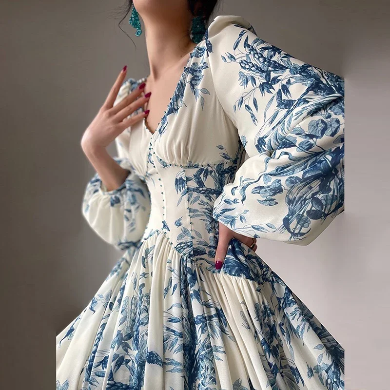 French Vintage Dress Women 2024 Spring V Neck Beaded Empire Chiffon Long Dress Autumn Printed Lantern Sleeve Hem Boho Maxi Dress