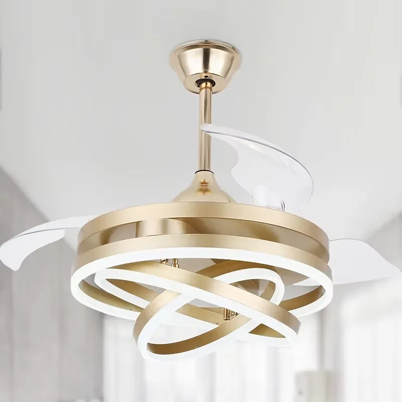 Modern Golden LED Metal Dining Chandelier Fan Light Retractable Remote Control Ceiling Lamp CRI 90 3000-6000K Color Temp