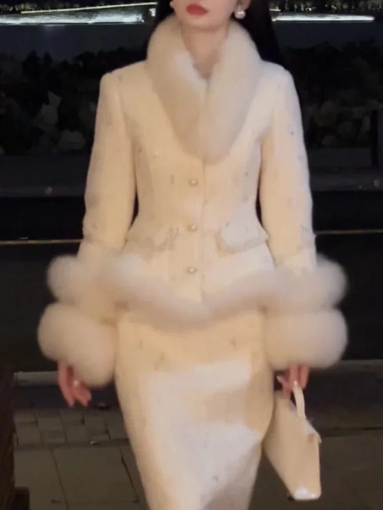 Elegant Fashion White Suit Winter New Good Quality Plush Splicing Single-Breasted Slim-Fit Coat High Waist Midi Skirt Suit Women