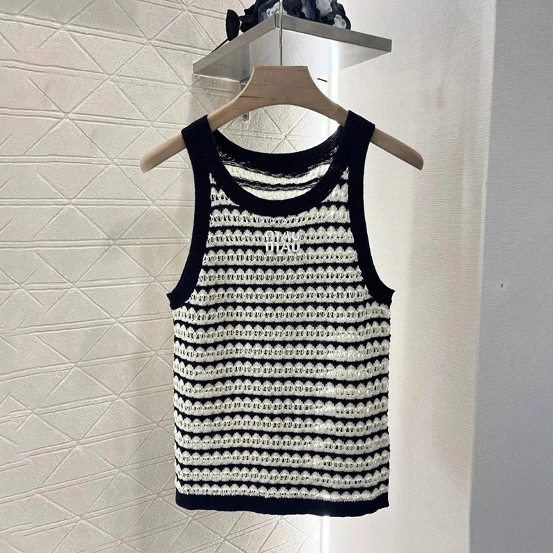 

High-End Women's Casual Stripe Knitted Tube Top Vest T-irt Korean Sle Loose Fit Svel round Ne Pullover