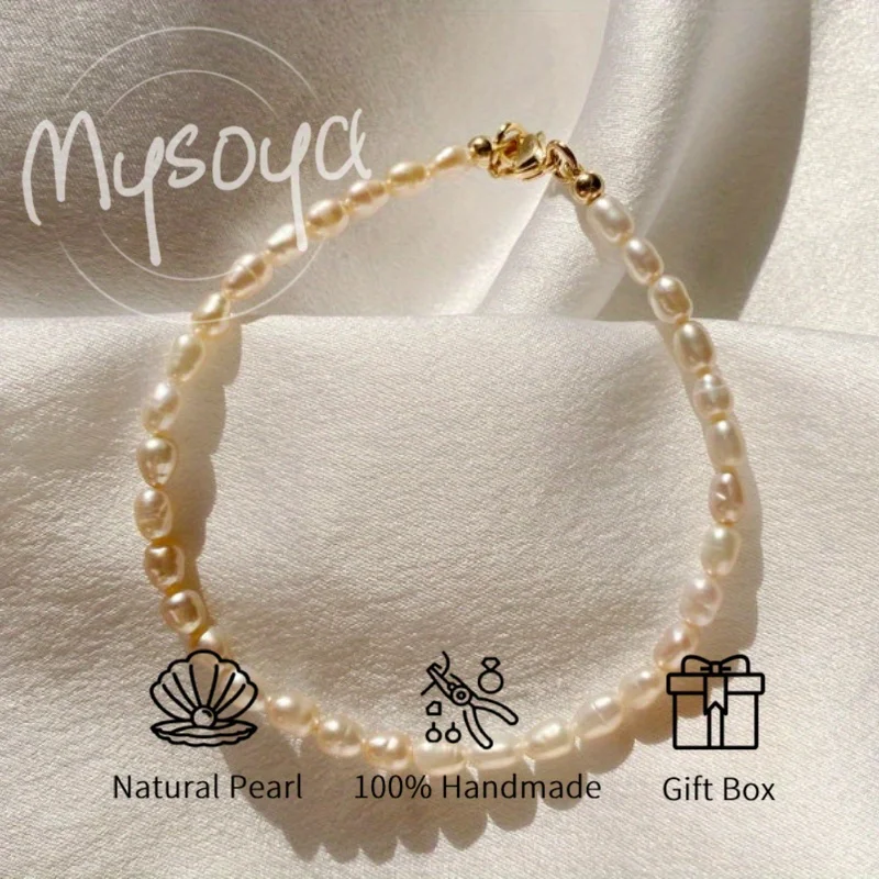 

MYSOYA 4-5 мм натуральный розовый рисовый браслет из пресноводного жемчуга для женщин и мужчин с подарочной коробкой, ювелирные изделия на свадьбу, день рождения, подарок