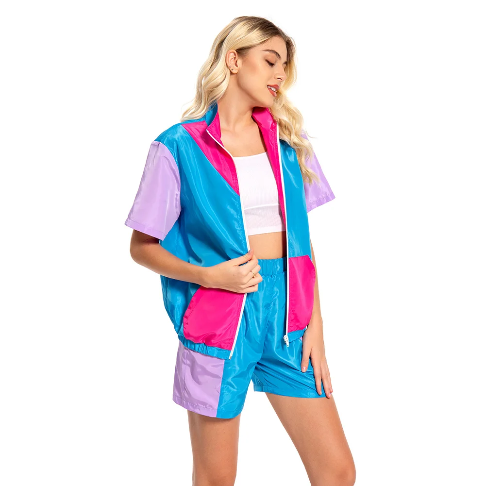 Frauen Retro 80er Jahre Cosplay Kostüm Mädchen mehrfarbige Kurzarm Jacke Mantel Shorts Sport bekleidung Halloween Karneval Party Anzug