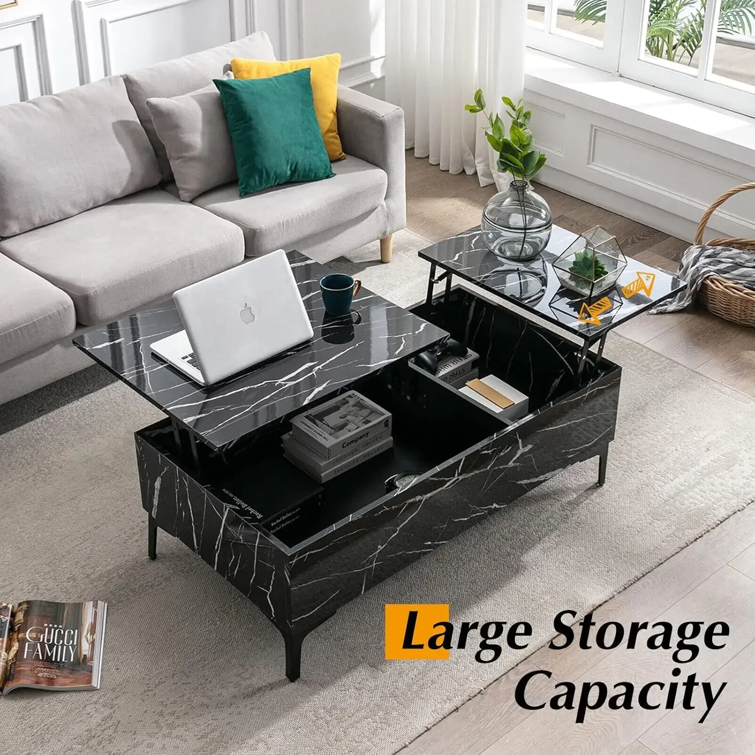 43" Lift Top Marble Coffee Table for Living Room, Modern Extendable Pull Up Center Table with Storage, Black