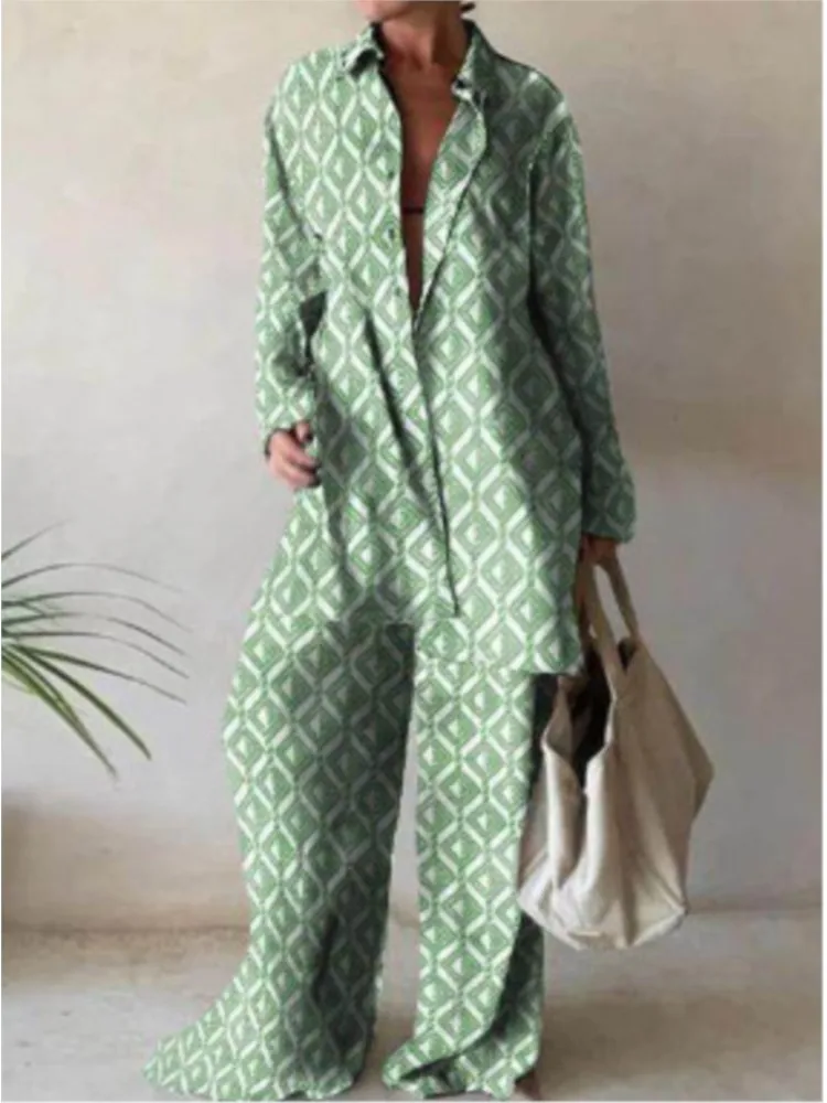 Women\'s Autumn New Fashion Print Set Loose Long Sleeved Button Up Shirt With Straight Leg Jumpsuit Casual Vacation Two-piece Set