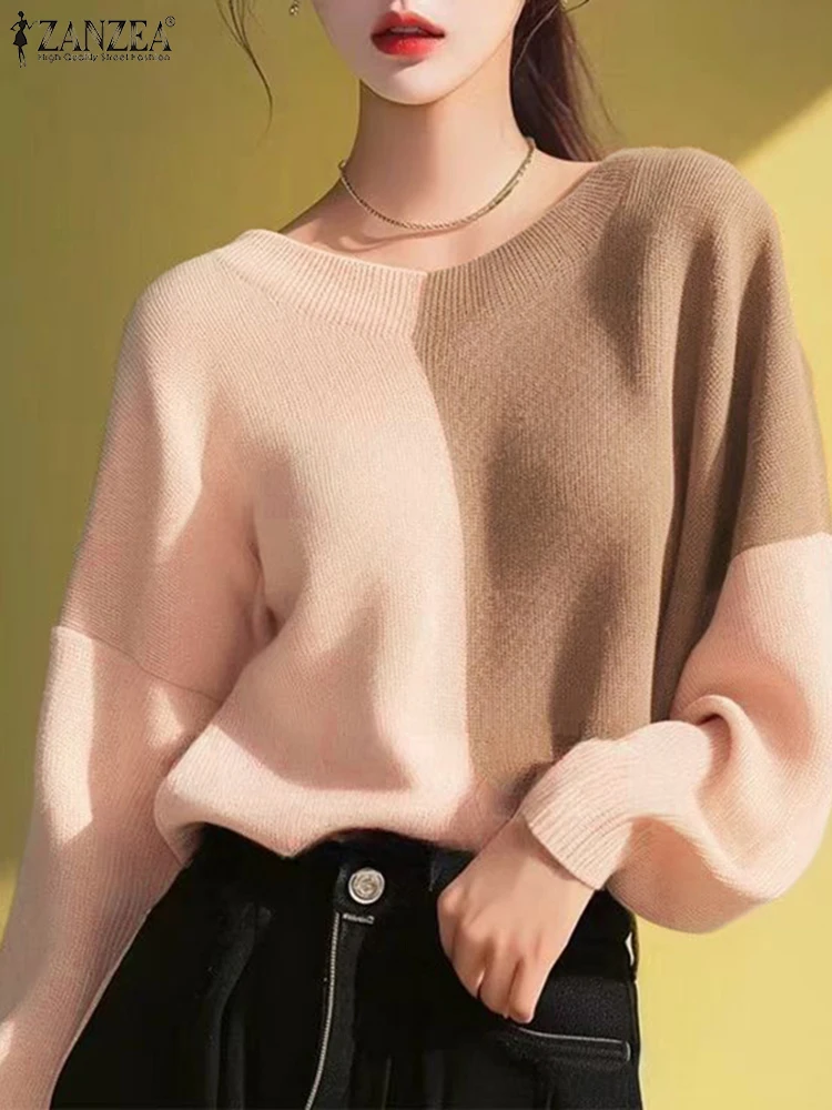 ZANZEA Women Hoodies Casual All-match Colorblock Sweatshirts Fashion V-neck Loose Jumpers 2024 Autumn Long Puff Sleeve Pullovers