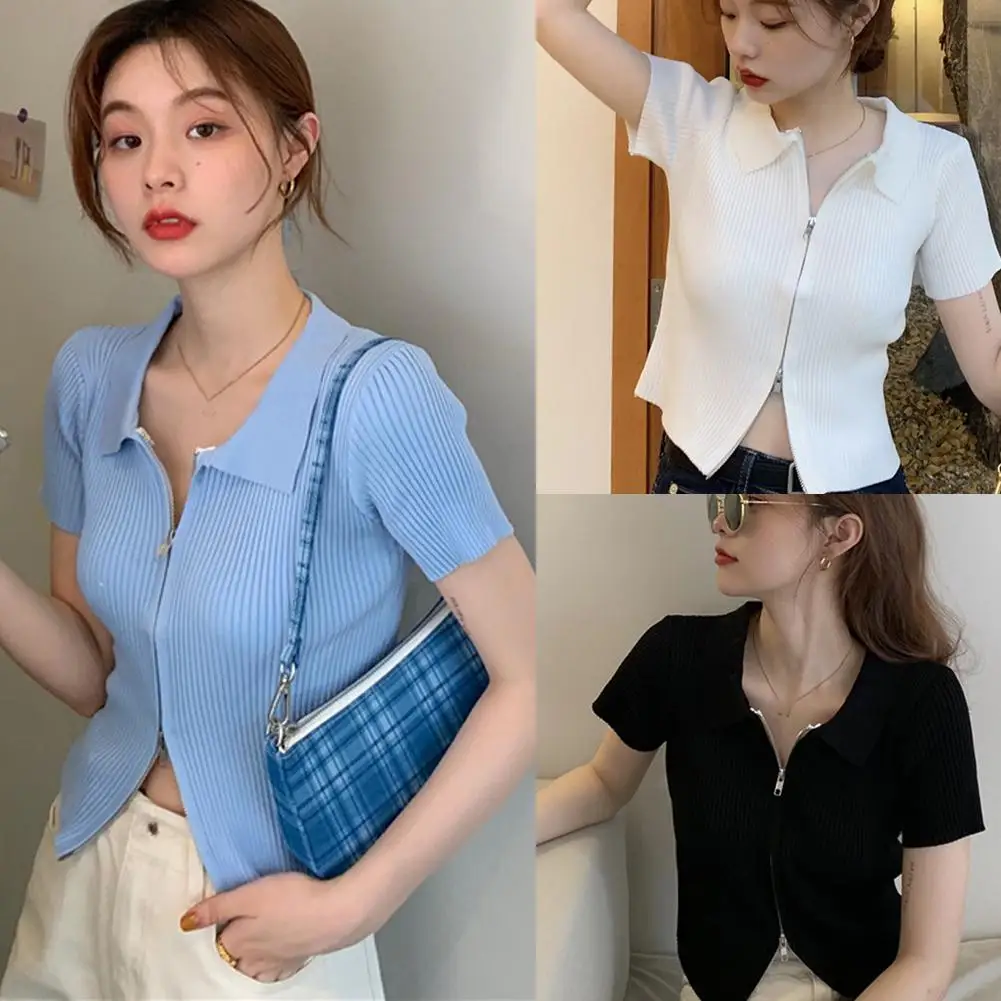 

Woman TShirts Knitwear Girl Short Sleeve Double Zipper Mujer Crop T-shirt Camisetas Shirt Summer Z0O5