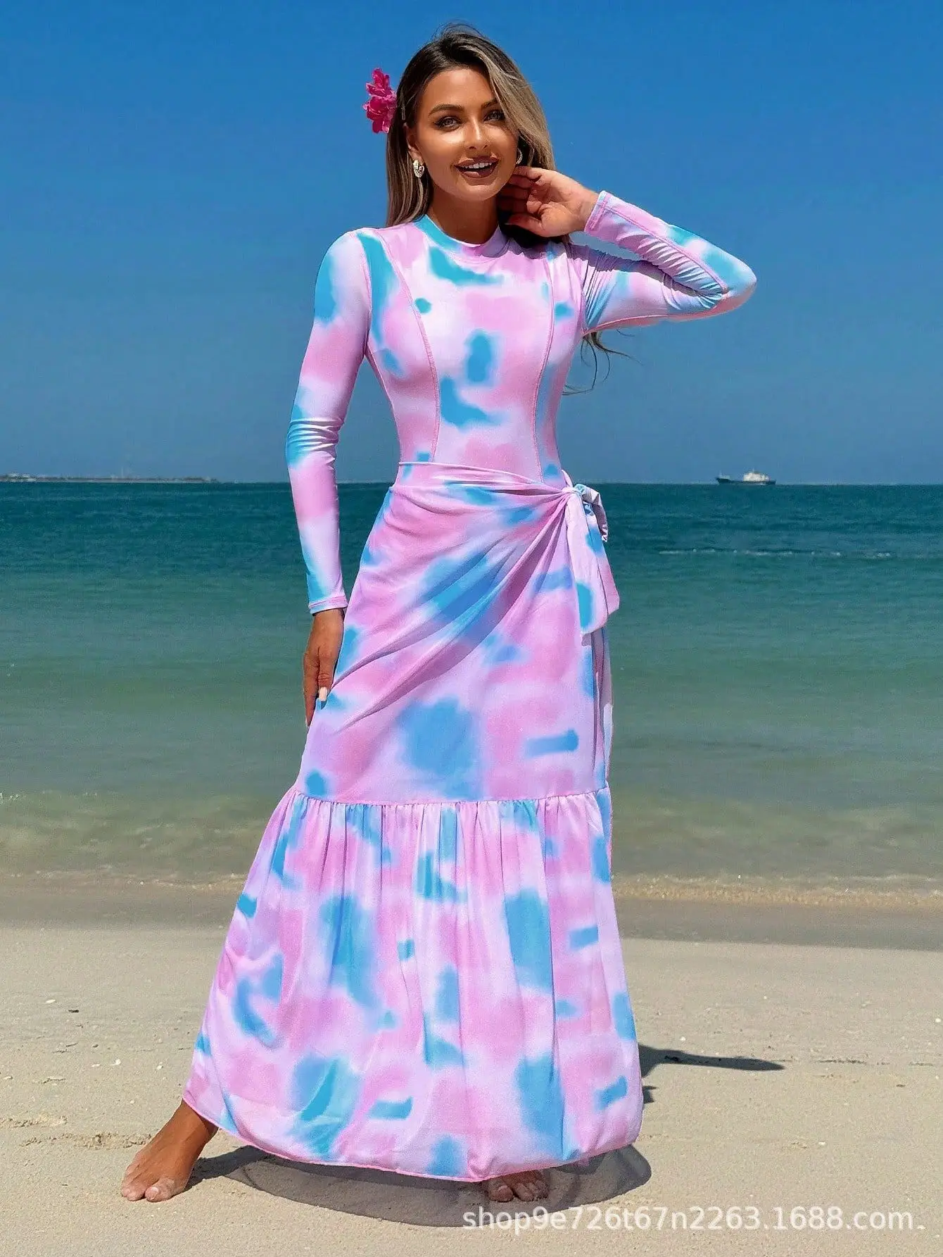 2025 ผู้หญิงดอกไม้สีชมพู Surf ชุดกระโปรงผู้หญิงว่ายน้ํา COVER UP & Slimming One Piece Beach Rash GUARD ชุดแขนยาวชุด