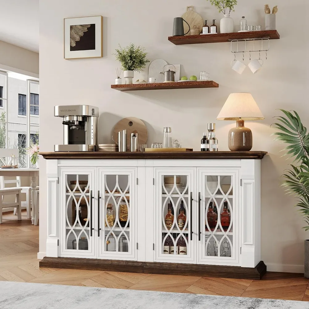 Aparador Buffet de granja con 4 puertas de vidrio, gabinete de almacenamiento para cafetería, vino, mesa de Buffet con estantes ajustables