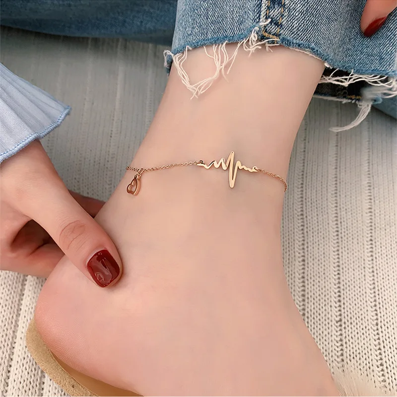 Charm Golden Rose Golden Anklet Adjustable Size Heartbeat Love Beat Fashion Jewelry For Women Summer Beach Ankle Foot Chain 2024