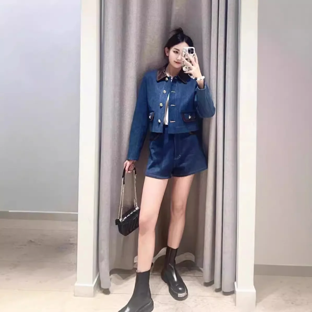 Women's Set 2024 New Spring Autumn Spliced Turn Down Collar Single Breasted Casual Coat or High Waist Denim Shorts