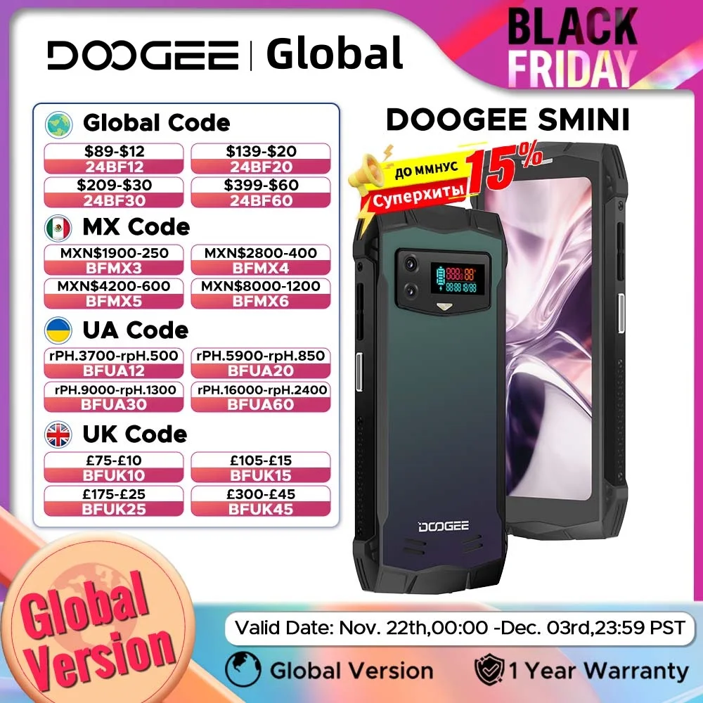 Прочный телефон DOOGEE Smini 4,5 дюйма, дисплей qHD, 8 ГБ ОЗУ + 256 ГБ ПЗУ, инновационный задний дисплей, камера 50 МП, камера Helio G99, зарядка 3000 мАч, 18 Вт