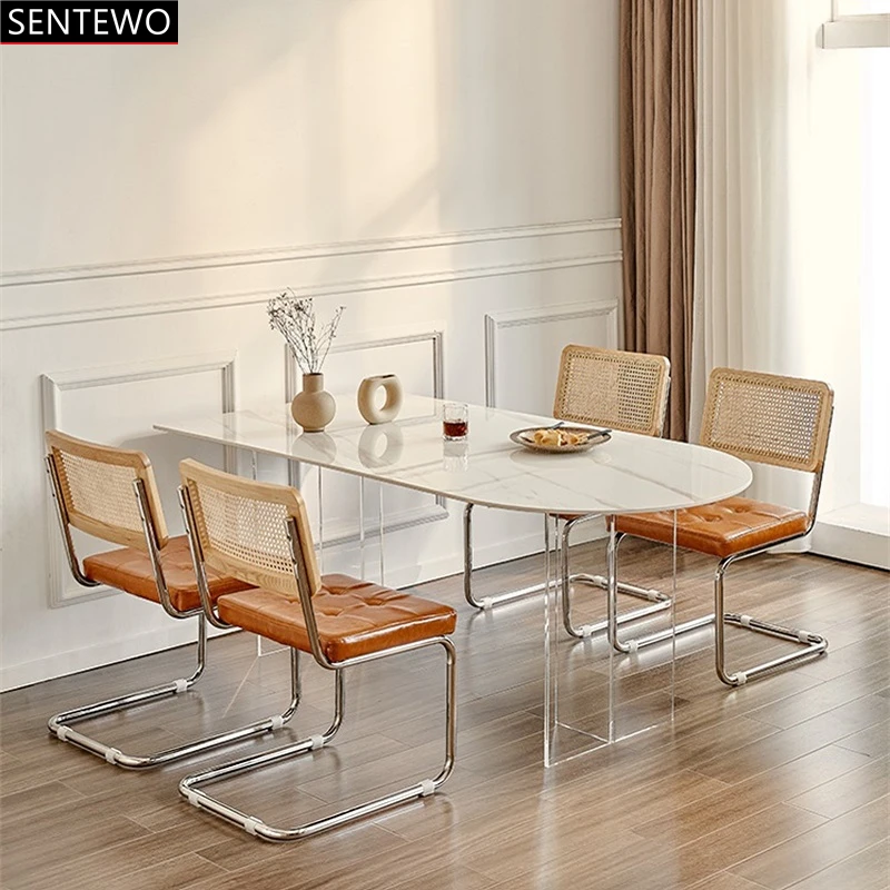 SENTEWO Free Shipping Ltalian White Rock Slab Kitchen Dining Table Chairs Set Acrylic Floating Frame Dinner Tables Set Mesa