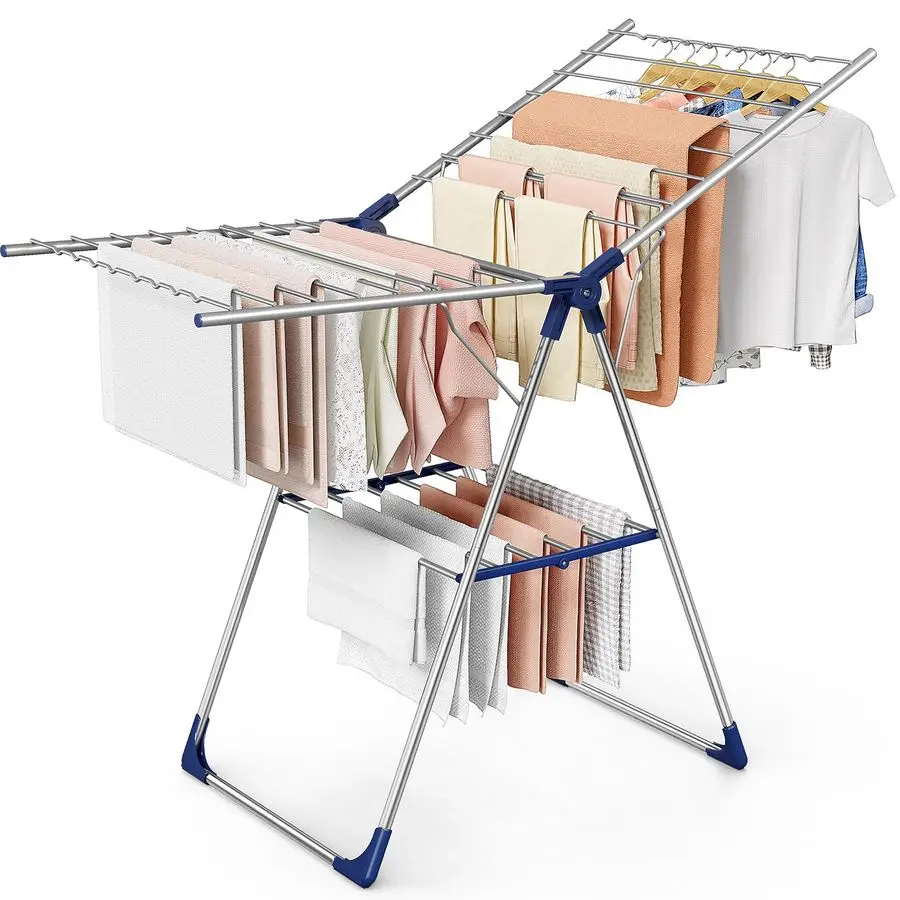 

Drying Rack with HeightAdjustable Wings, Metal Foldable Laundry Dryer Stand for Clothing amp Bedding, FreeStanding Collapsible f
