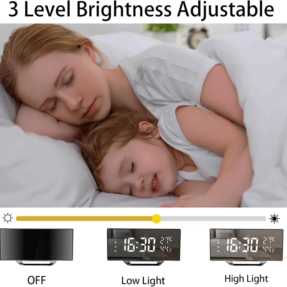 ساعة إلكترونية منحنية مبتكرة، شاشة LED كبيرة، بطارية منبه بمرآة مزدوجة الأغراض، غرفة نوم الطالب مخصصة #2