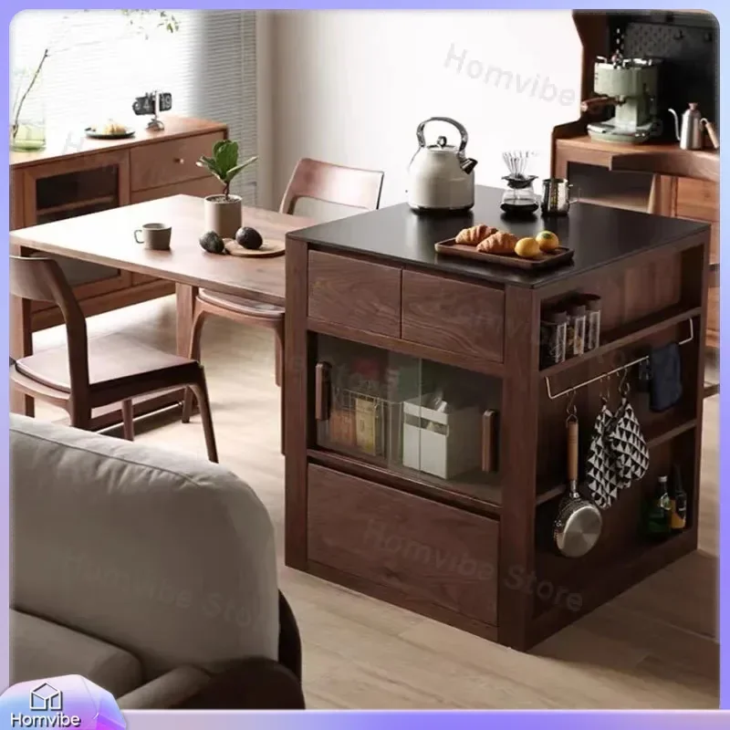 Nordic Solid Wood Kitchen Island Table Retractable Dining Bar Counter with Storage Cabinet Black Walnut Rock Slab Top for