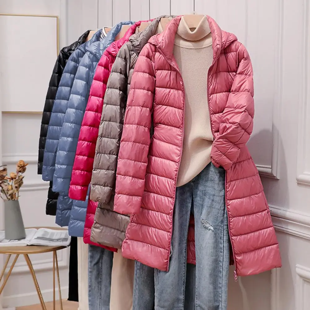 Manteau en duvet rembourré épais pour femme avec capuche en peluche, sac de rangement, mi-long, vêtements d'extérieur pour la météo