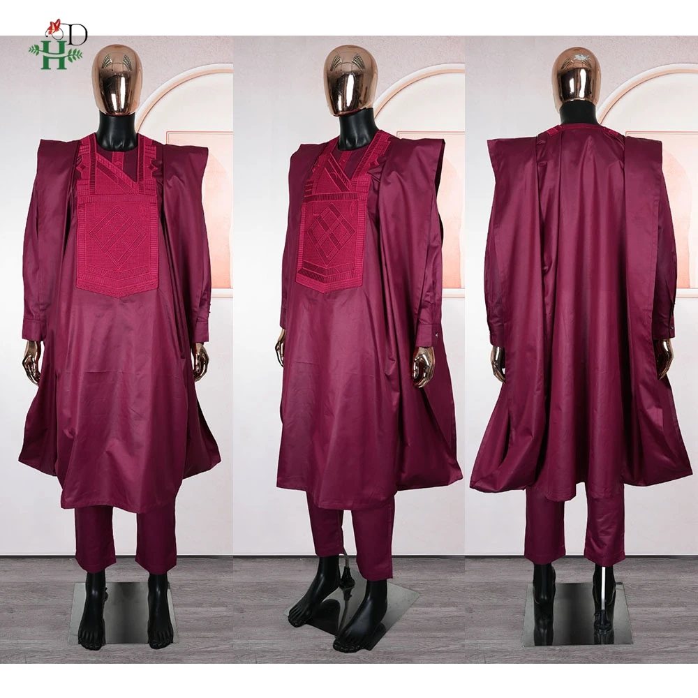 H & D-Conjunto tradicional africano de 3 uds para hombre, conjunto Thobe Borgoña Agbada, bata bordada de talla grande para bodas, festivales, ceremonias