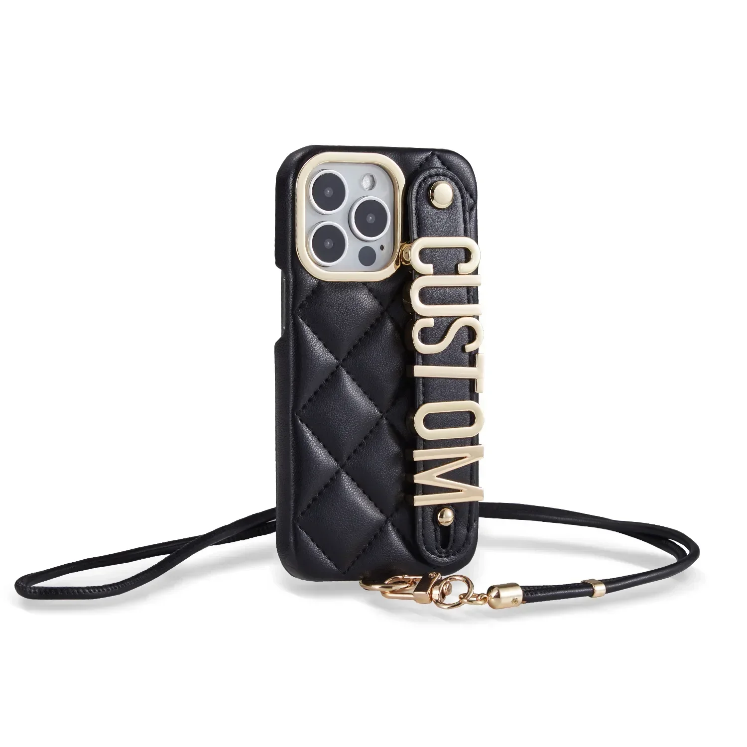 Suitable for iPhone 15 Personalized Metal Letter Phone Case 14promax Crossbody 13pro Wrist Stand 12 11 Leather Protection Cover