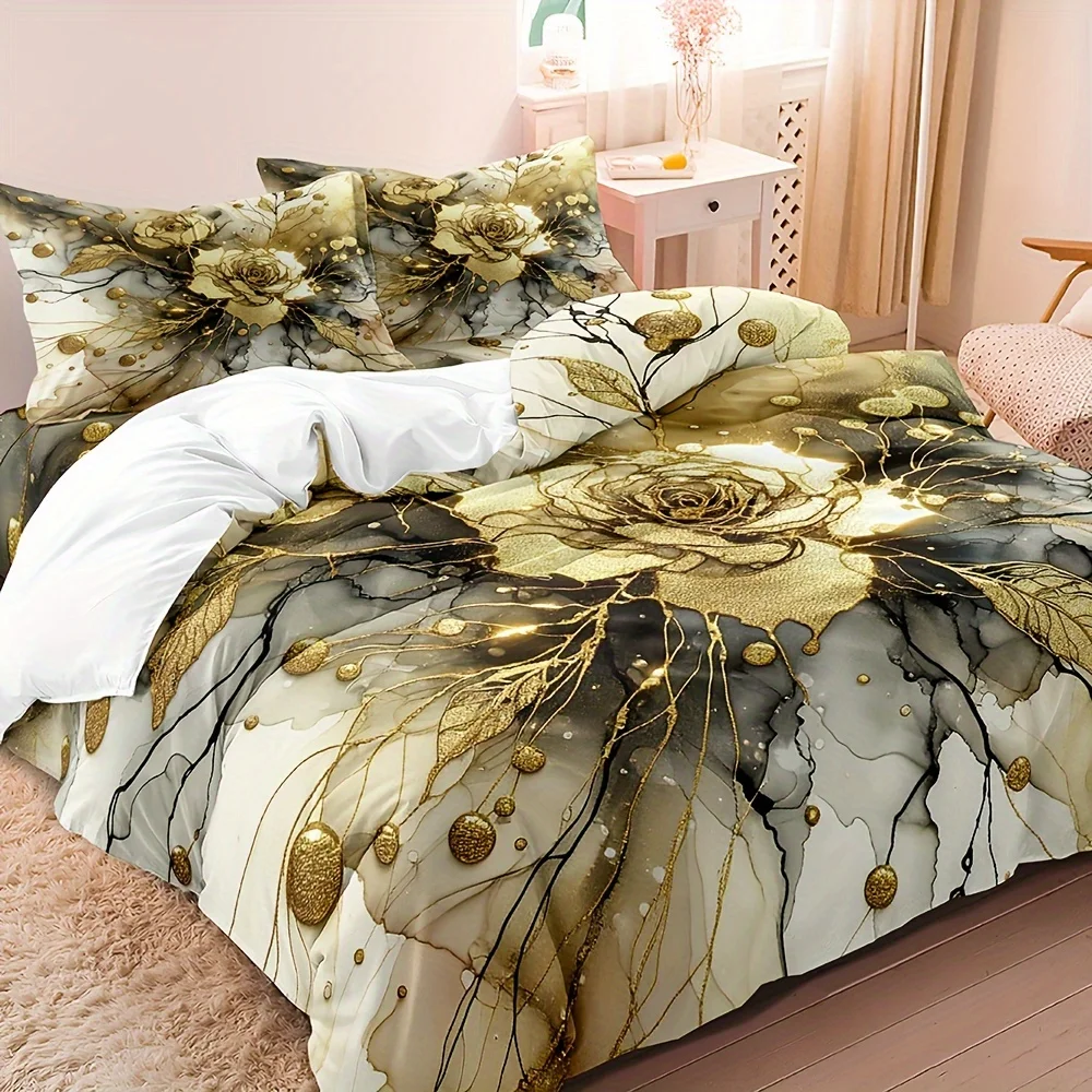 3pcs Marble With Golden Rose Duvet Cover Set, Marbling Flower Print Quilt Cover With Pillowcase