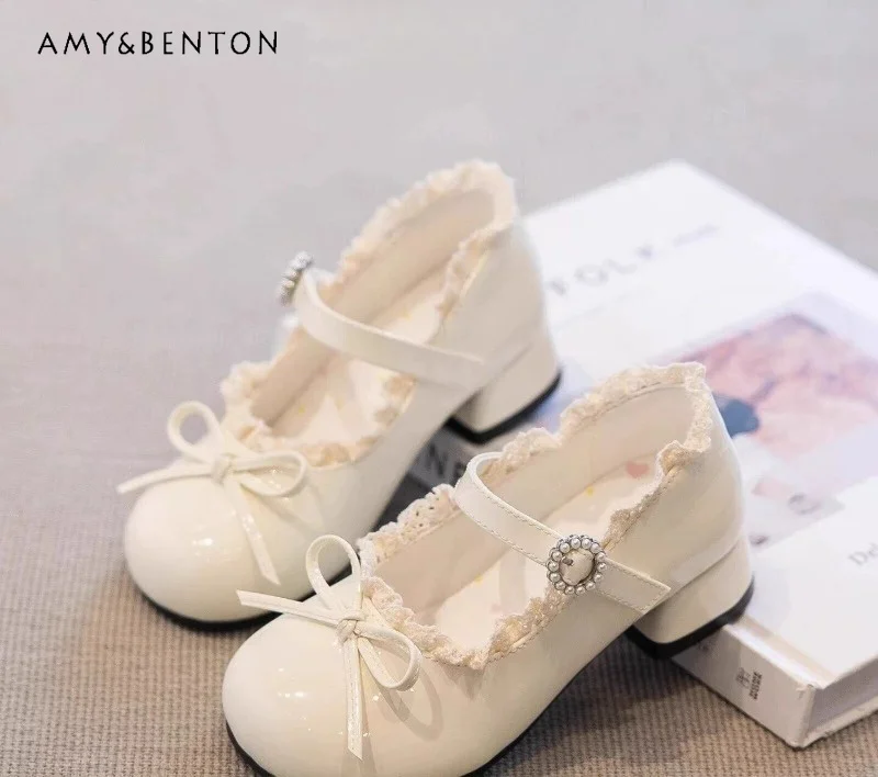 

Girls' Bow and Lace Low Heel Mary Jane Shoes Kids' Patent Leather Princess Dress Shoes White Pink Suitable for Older Girls