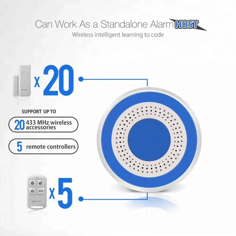 433 MHz kabellose Ton- und Licht-Blitzsirene, eigenständige Alarmsirene für den Innenbereich mit PIR-Sensor, Türsensor, Heimsicherheitsalarmsystem