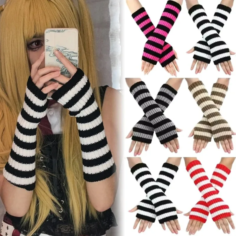 

1-2pairs Striped Arm Warmers Y2K Fingerless Gloves Color Block Knitted Sleeve for Women Men Fashionable Accessories Gifts Unisex
