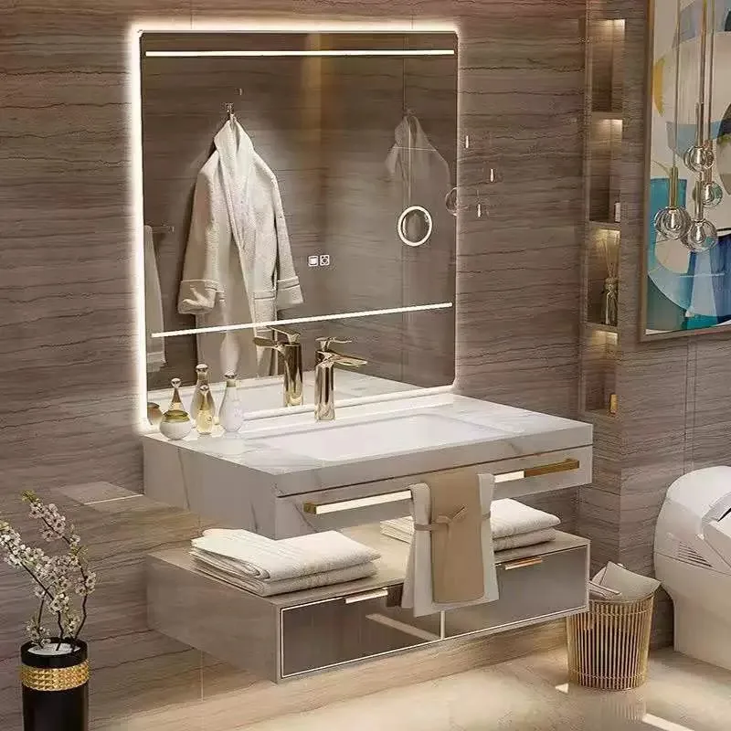 *&q New Design Hotel Bathroom Vanity Set Solid Wood Wall-Mounted LED Touch Illuminate Mirror with Top Basin and Cabinet