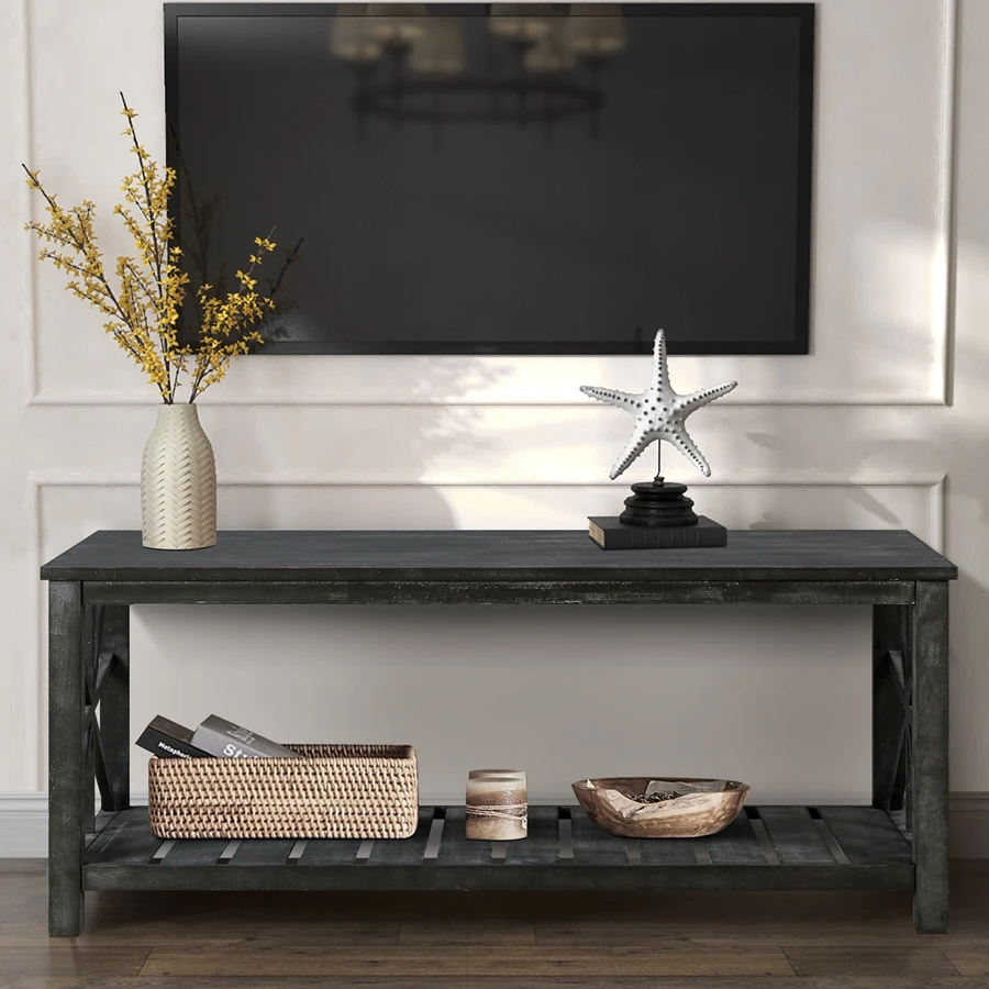 47 Inch Modern Coffee Table With Storage Shelf, Farmhouse Rectangle Living Room Center Table For Small Spaces