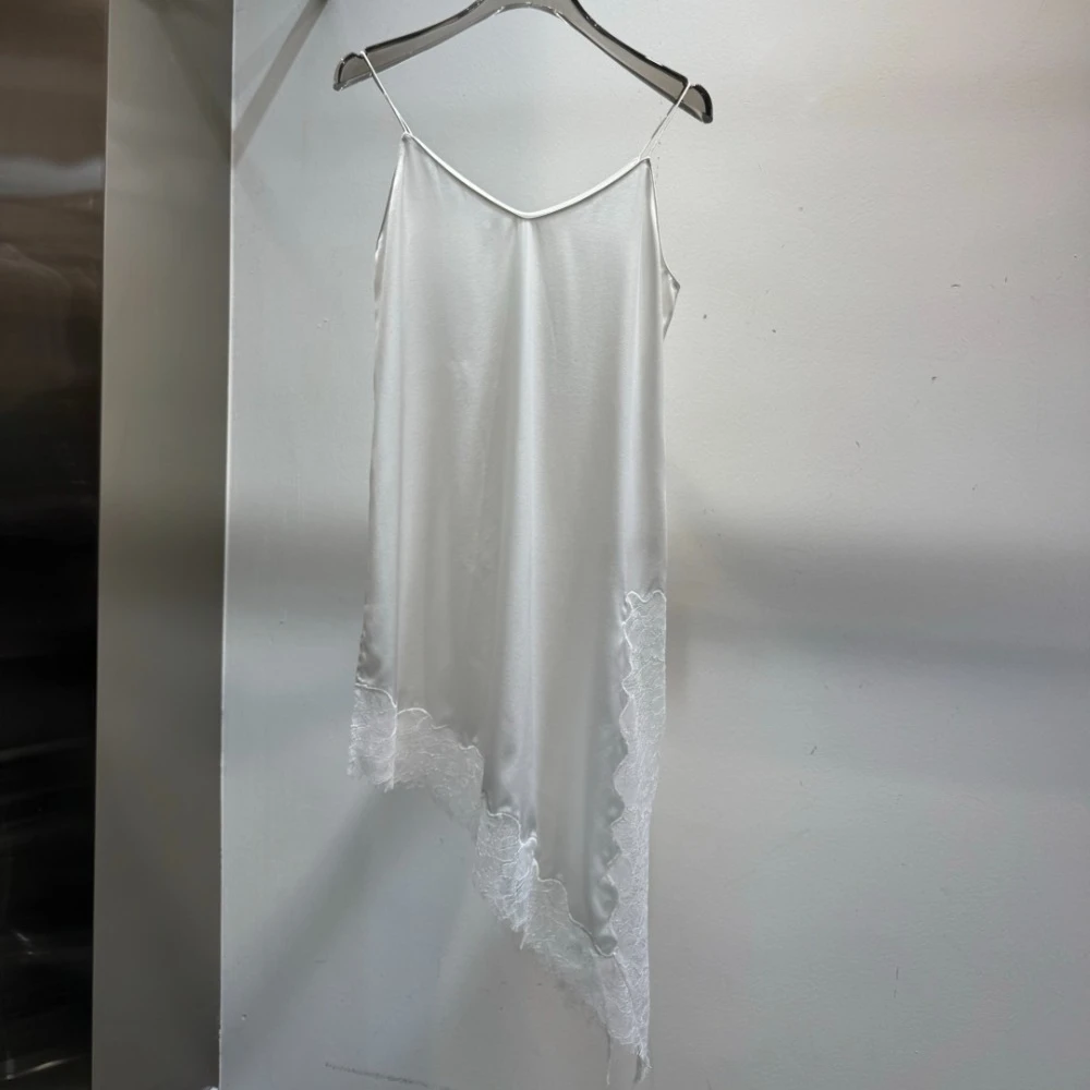 Heavyweight Silk Satin Draped Embroidered Lace Long Camisole