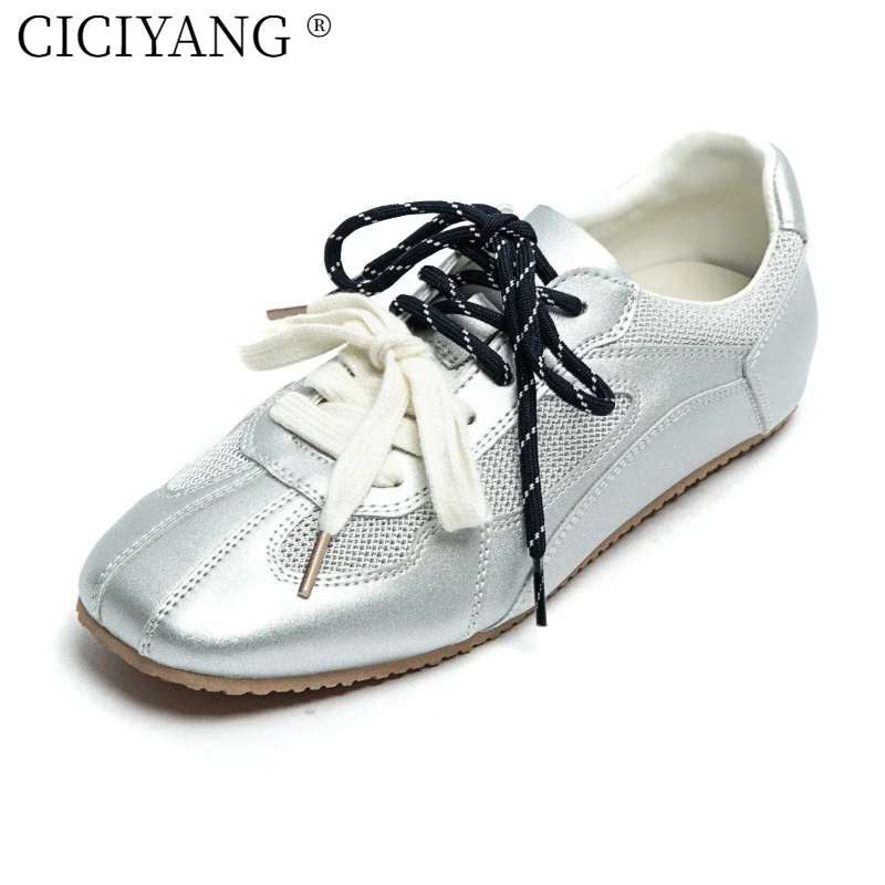 

CICIYANG German Training Shoes Women 2025 Spring Genuine Leather Women Sneakers Flat Lace-up Retro Large Size Forrest Gump Shoes