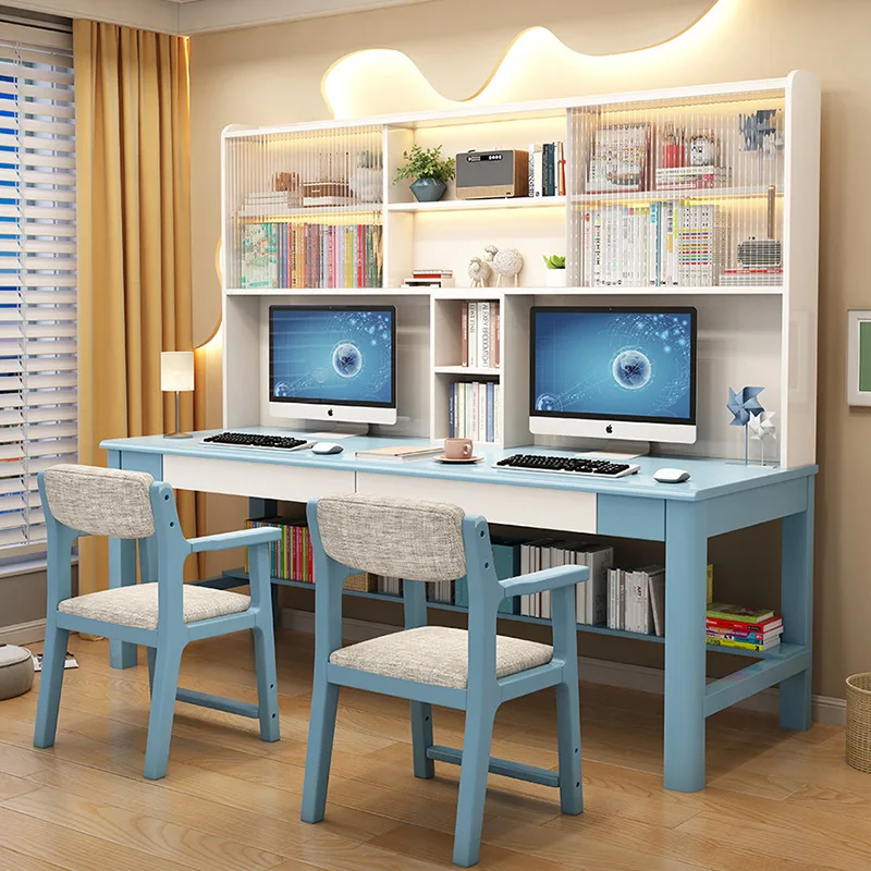 Modern simple solid wood desk and chair combination rubber wood bookshelf bookcase integrated computer desk children's writing s