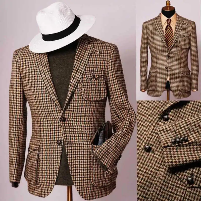 

Повседневные свадебные смокинги, цельный пиджак с узором «гусиные лапки», мужской костюм, винтажный костюм с двумя пуговицами и зубчатыми лацканами, вечерний костюм для жениха по индивидуальному заказу