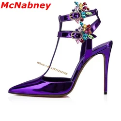 New Sexy Women's Pumps Patent Pointy Toe Solid Purple T Straps Ankle Buckles Pump Stiletto Heel Hollow Summer Dress Shoes