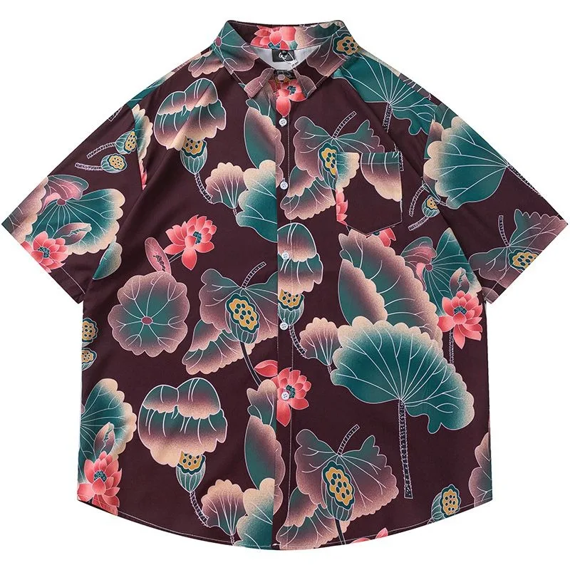 High Street Design Personalized Shirt Lotus Leaf Print Single Breasted Shirts Shorts Sleeve Lapel Tops Men Hip Hop Funny Blouse