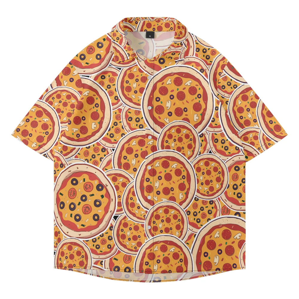 

Summer casual oversized short sleeved, pizza print, loose Hawaiian beach trend quick drying holiday single breasted shirt