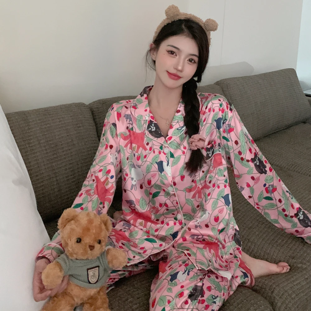 Floral Print Simulated Silk Women Sleepwear 2024 Spring Autumn China Style Ink Painting Classic Pajamas Loose Soft Lady Lounge