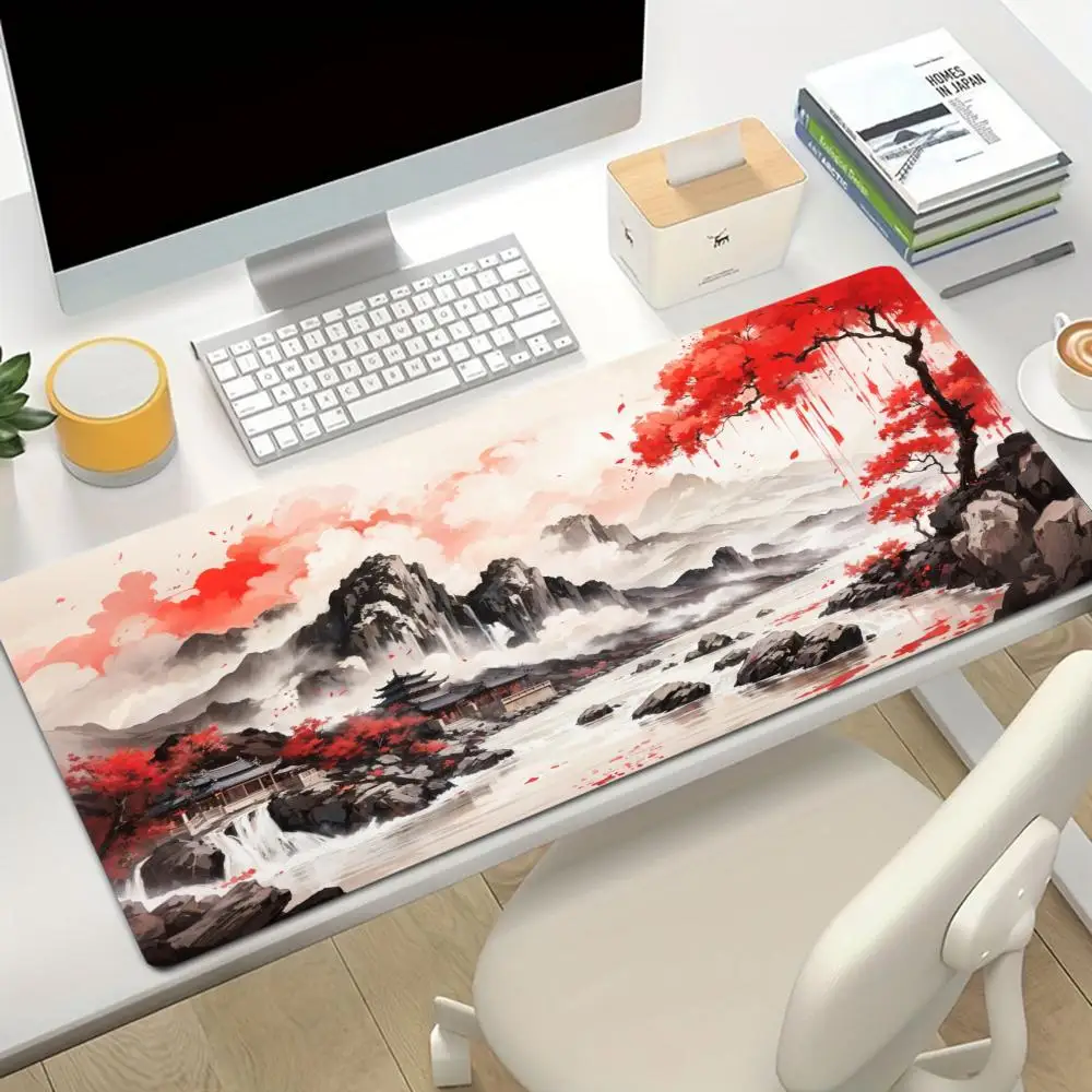 Red Moon Ink Lake Mountain Atmospheric Desk Mat Oriental Dark Style Non-Slip Stitched Edge Mouse Pad for Office Gaming