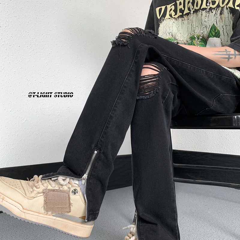 

Мужские летние тонкие джинсы Bla Ripped Slim Fit с боковой молнией, модные молодежные прямые брюки