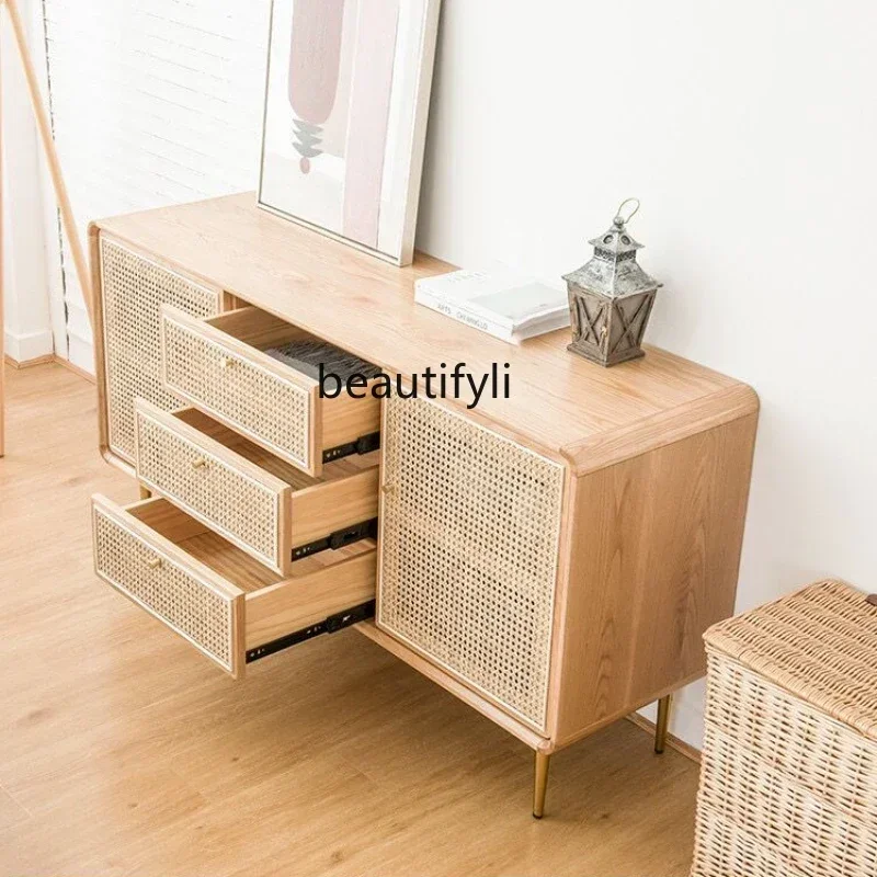 

1184Solid Wood Rattan Sideboard Cabinet Entrance Nordic Storage Cabinet Living Room Tea Cabinet Locker