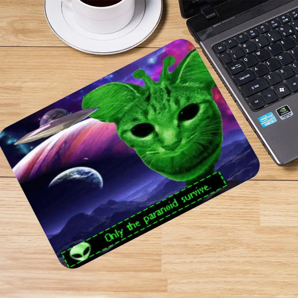 Cute Green Alien Cat Holding Cold Drink Against Earth Space View For Casual Laptop Mousepad