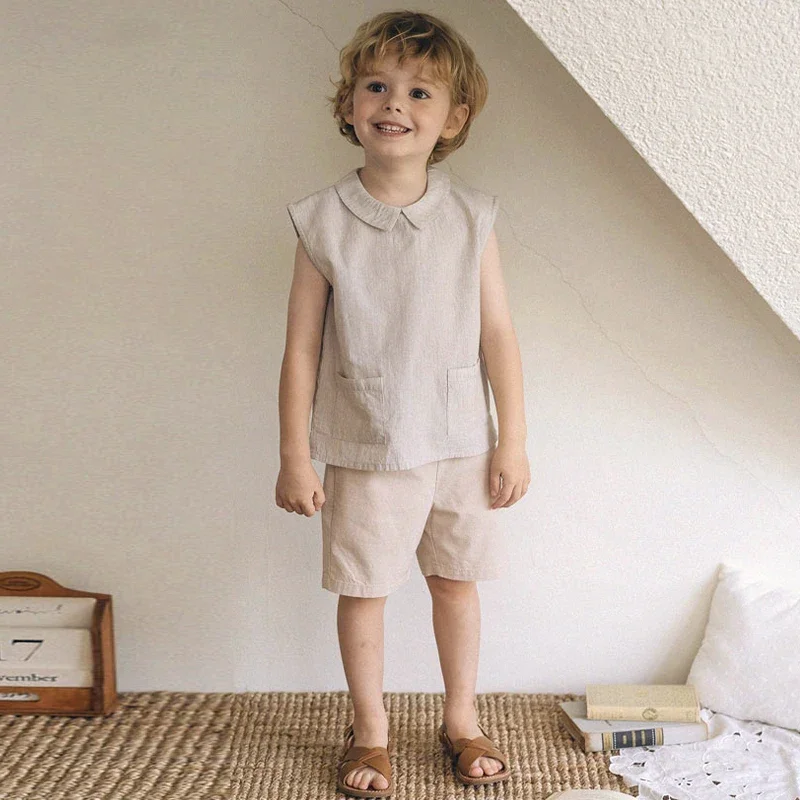女の子のためのストライプのノースリーブTシャツ,ポケット付きのコットンとリネンのトップス,和風カジュアルウェア,新しい夏のコレクション2024