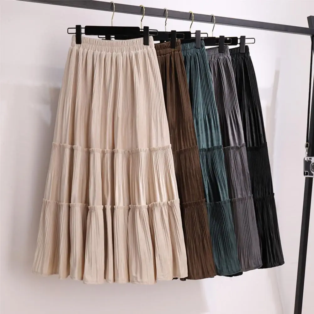 

High Waist Elastic Waistband A Line Solid Color Maxi Skirt Women Autumn Winter Vintage Velvet Pleated Cake Skirt Daily Clothing