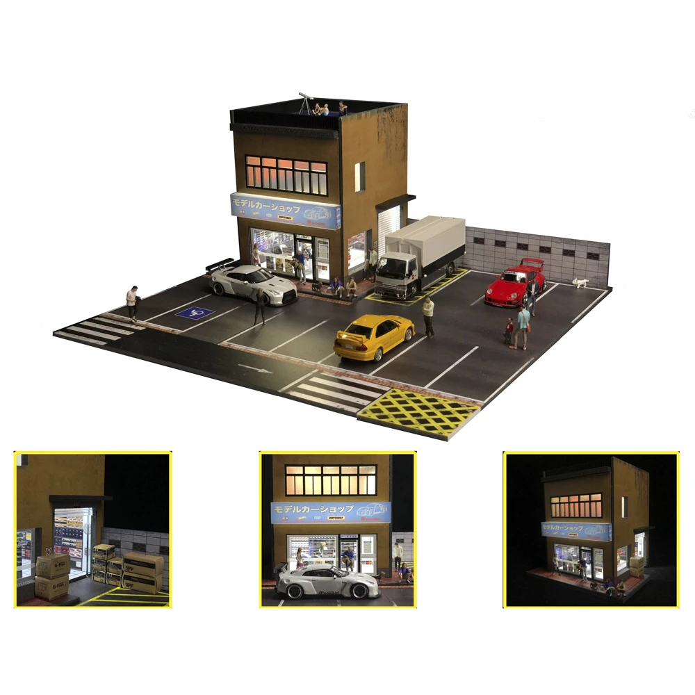 G FANS 1:64 Car Garage Models Shop Parking Building Led Diorama Building Scene Model with Lights Car Garage Diorama Scene Model