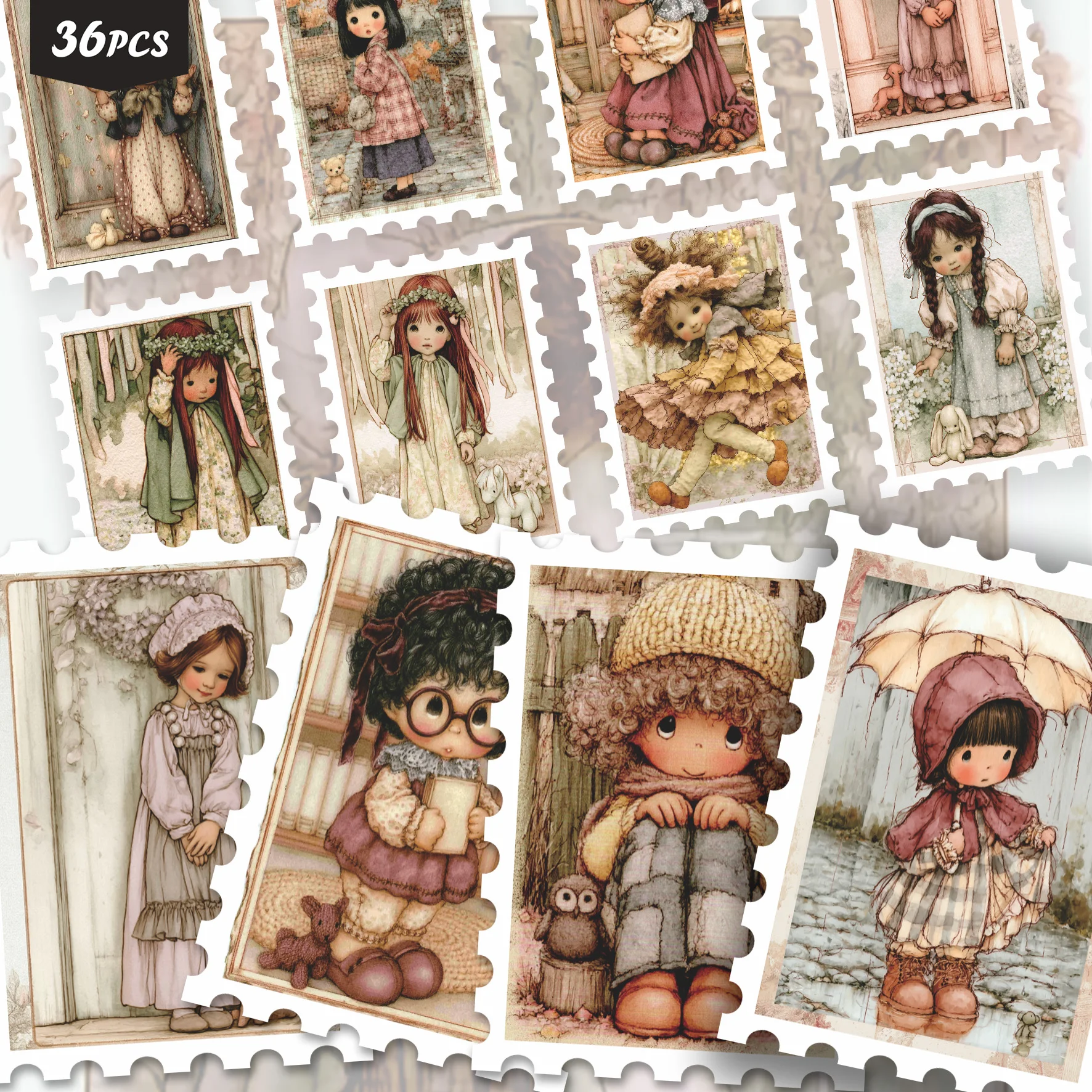 36PCS Nostalgic Vintage Figure Stickers, soft‑styled character motifs, mellow retro aesthetic, ideal for tumblers, for pads and