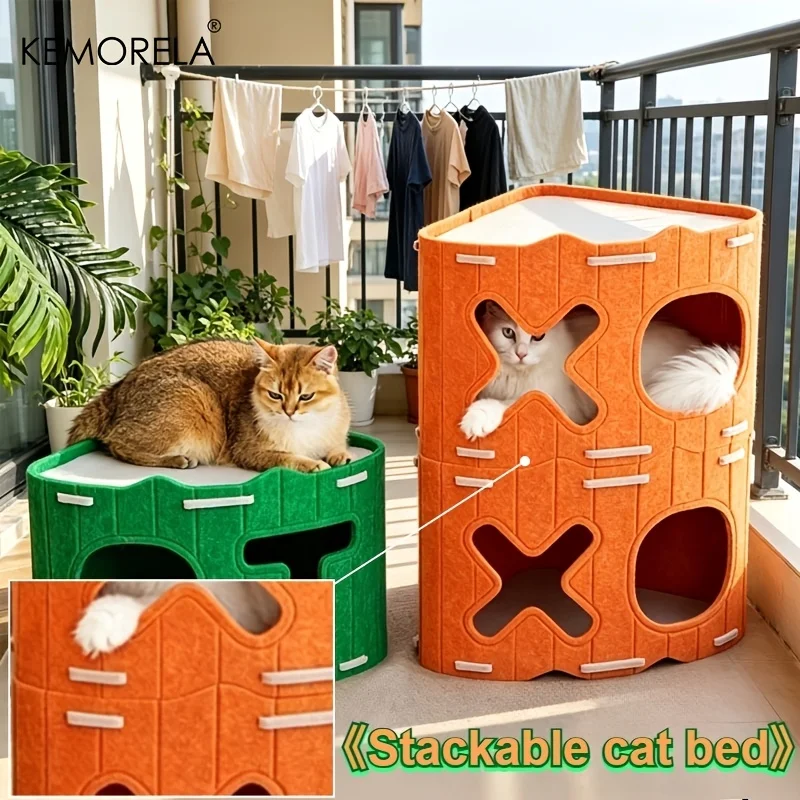 Cat Cave Bed Stackable Felt Cat House Multi‑Hole Tunnel Pet Shelter Removable Washable Cat Condo Four‑Season Nest For Indoor Cat