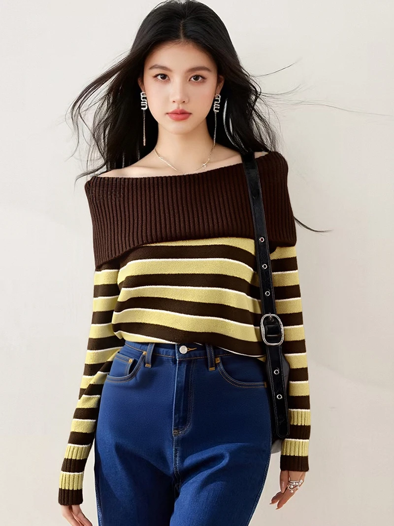 

2025, новинка, европейская, одежда, осень, зима, свитер, шикарный, сексуальный, с воротником, женский, с длинным рукавом, трикотажный, в полоску, пуловер, тонкий, топы, 510050