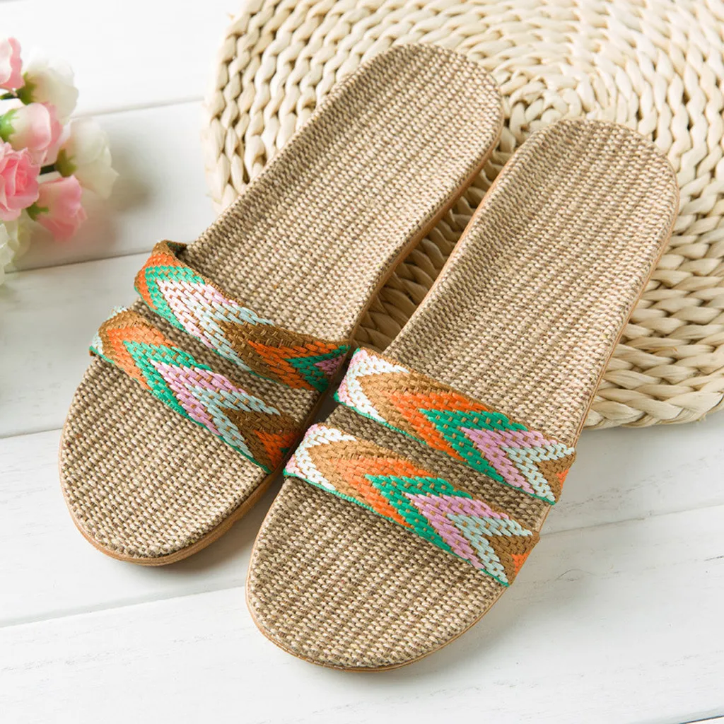 Home Indoor Slippers Open Toe Mixed Colors Women Beach Linen Shoes 2023 Summer Fashion All Match Comfortable Flat Slippers