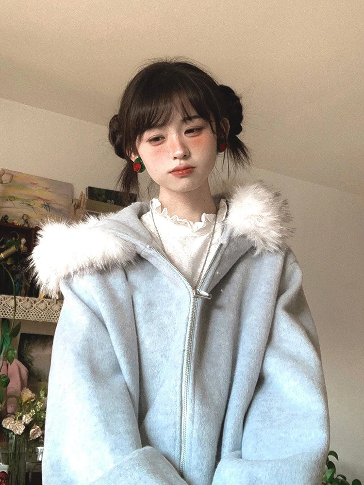 

Korean Sle Loose Fit Hoodie Women's Winter Thiened Fur Collar Casual Loose Blue Jaet Small Size Young Women's Faion